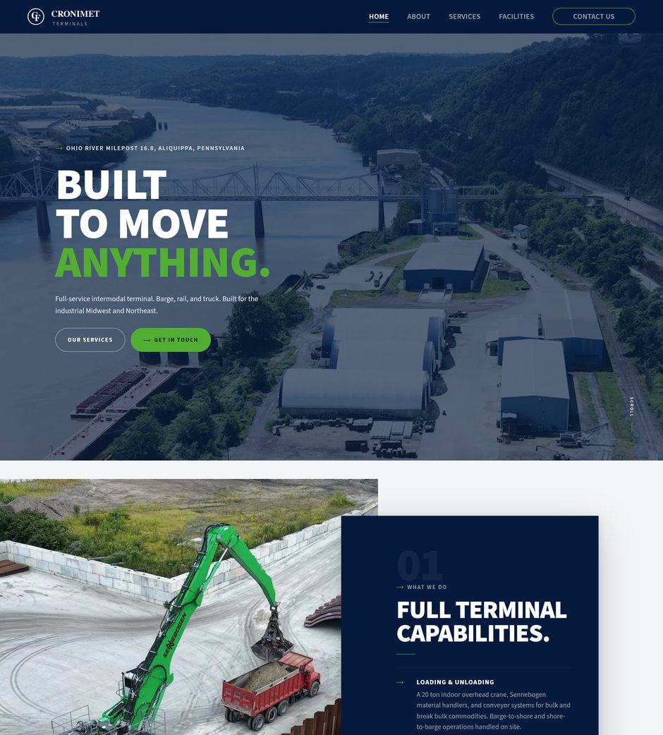 The new Cronimet Terminals home page on desktop: an aerial photo of the terminal on the Ohio River under the headline “Built to move anything,” with its Our Services and Get in Touch buttons.