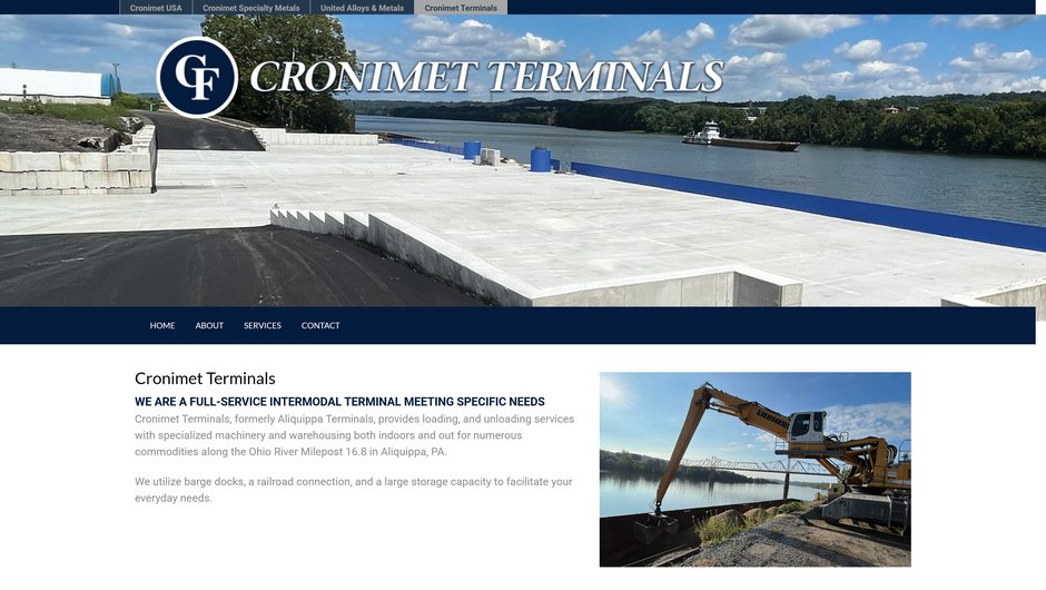 The old Cronimet Terminals home page: a banner photo of the concrete riverfront yard under the Cronimet Terminals logo, a navy menu bar, and a short welcome paragraph beside a photo of an excavator at the river’s edge.