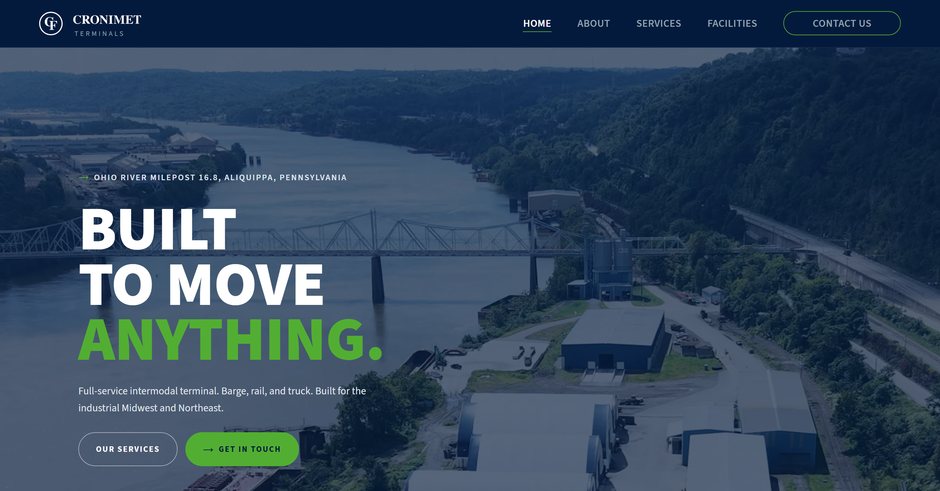 Cronimet Terminals home page: an aerial photo of the terminal on the Ohio River under the headline “Built to move anything”