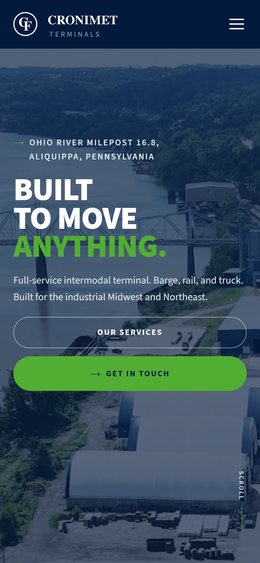 The new Cronimet Terminals home page on a phone: the aerial hero, the headline “Built to move anything,” and the Our Services and Get in Touch buttons.