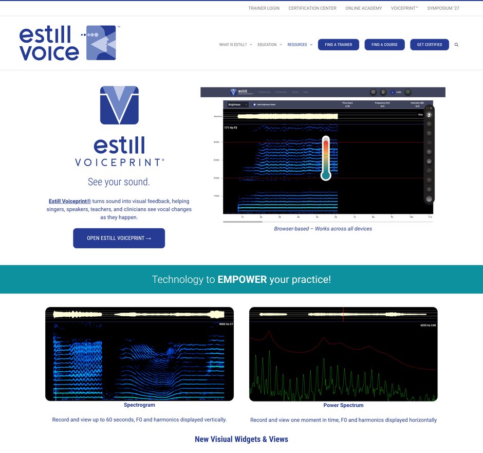 The Estill Voiceprint page on desktop: the Voiceprint logo and “See your sound,” a teal band reading “Technology to empower your practice,” and screens of the app’s spectrogram and power spectrum.