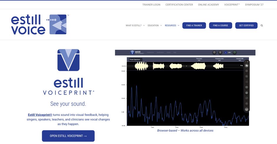 The Estill Voiceprint page on estillvoice.com: the Voiceprint logo and “See your sound” beside a screen of the app’s live voice analysis
