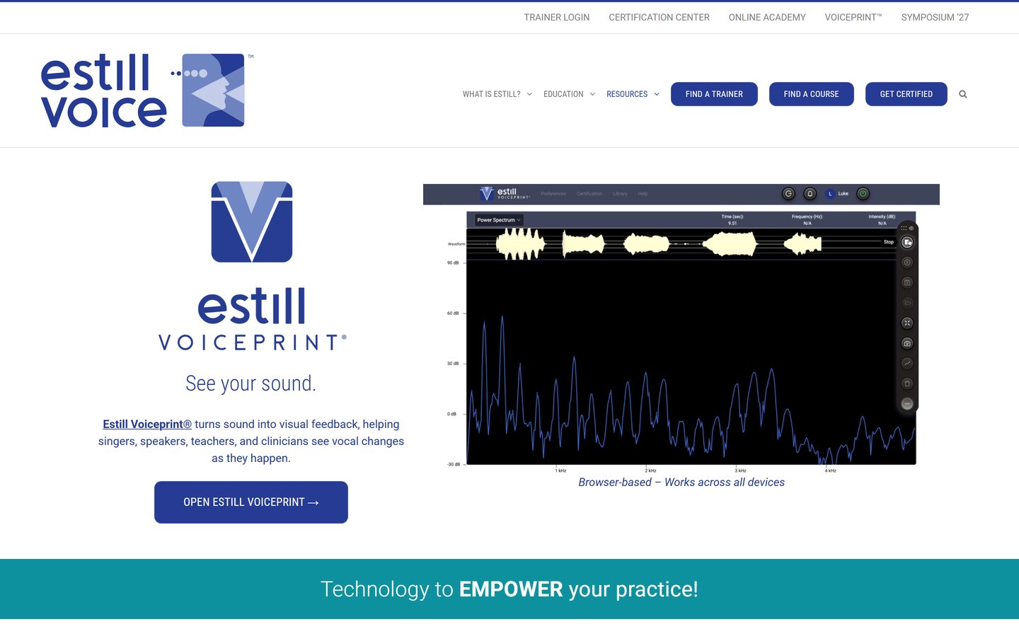 The Estill Voiceprint page on estillvoice.com: the Voiceprint logo, “See your sound,” and an Open Estill Voiceprint button beside a screen of the app’s live voice analysis.