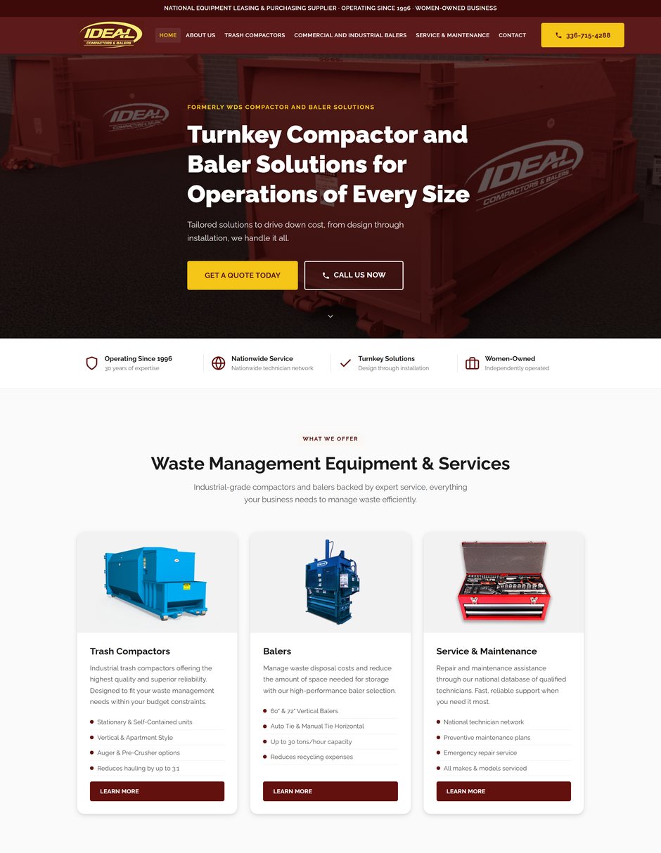 The new IDEAL Compactors & Balers home page on desktop: the compactor hero, a strip of four points (operating since 1996, nationwide service, turnkey solutions, women-owned), then “Waste Management Equipment & Services.”
