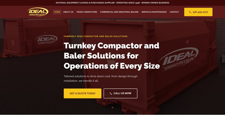 IDEAL Compactors & Balers home page: a red compactor behind the headline “Turnkey Compactor and Baler Solutions for Operations of Every Size” and a Get a Quote Today button