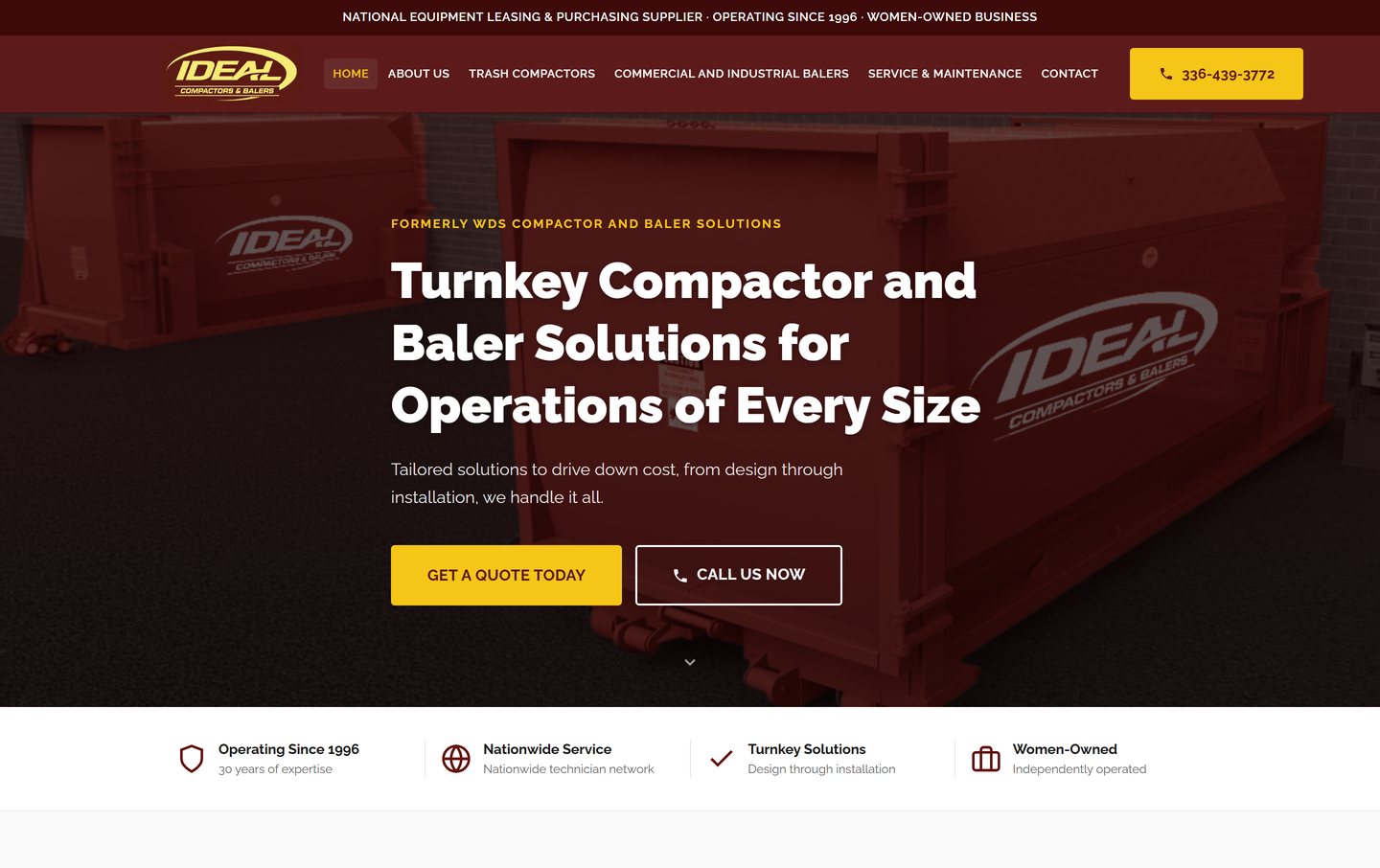 The IDEAL Compactors & Balers home page Lava built: a red compactor behind the headline “Turnkey Compactor and Baler Solutions for Operations of Every Size,” with Get a Quote Today and Call Us Now buttons.