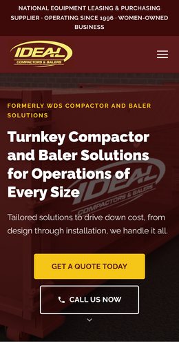 The new IDEAL Compactors & Balers home page on a phone: the compactor hero, its headline, and the Get a Quote Today and Call Us Now buttons.