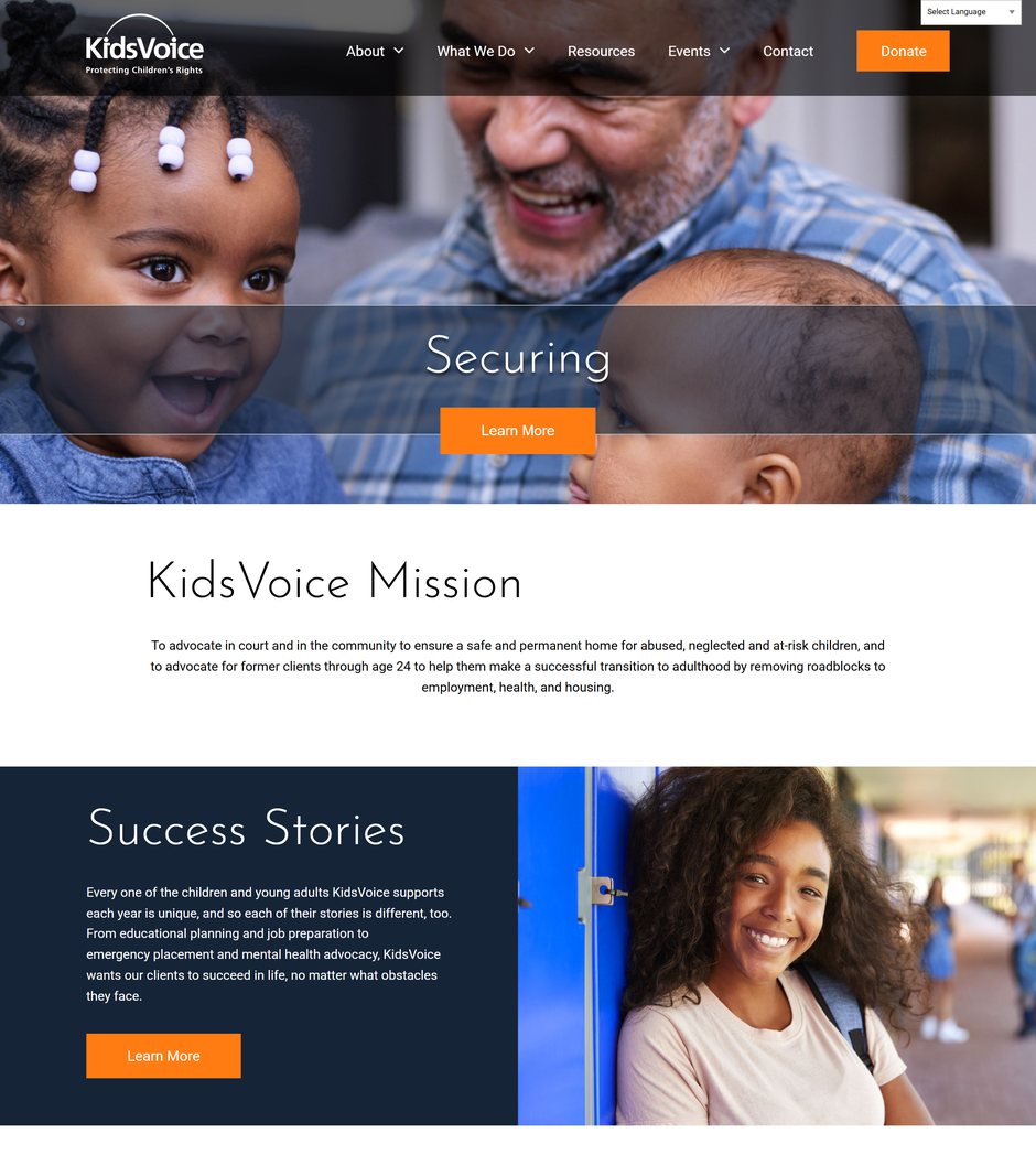 The new KidsVoice home page on desktop: a photo of a smiling girl and her grandfather under the word “Securing,” then the KidsVoice mission statement.