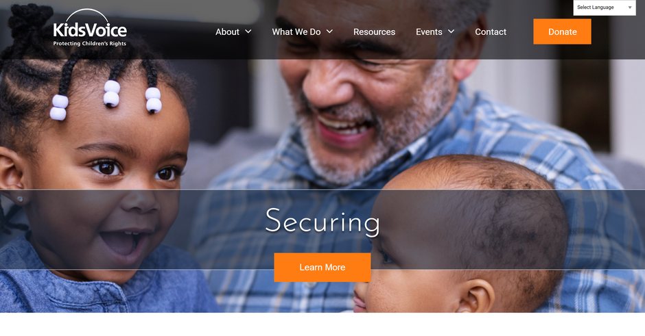 KidsVoice home page: a smiling young girl and her grandfather under the word “Securing” and a Learn More button