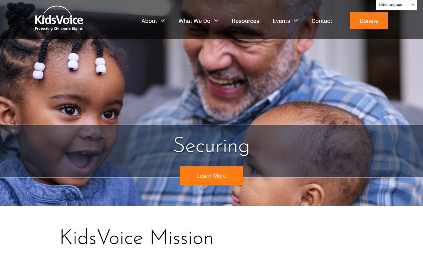 The KidsVoice home page Lava built: a smiling young girl and her grandfather under the word “Securing” and a Learn More button, then the heading “KidsVoice Mission.”
