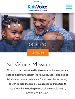 The KidsVoice home page on a phone: the photo hero with its Learn More button and the KidsVoice mission statement.