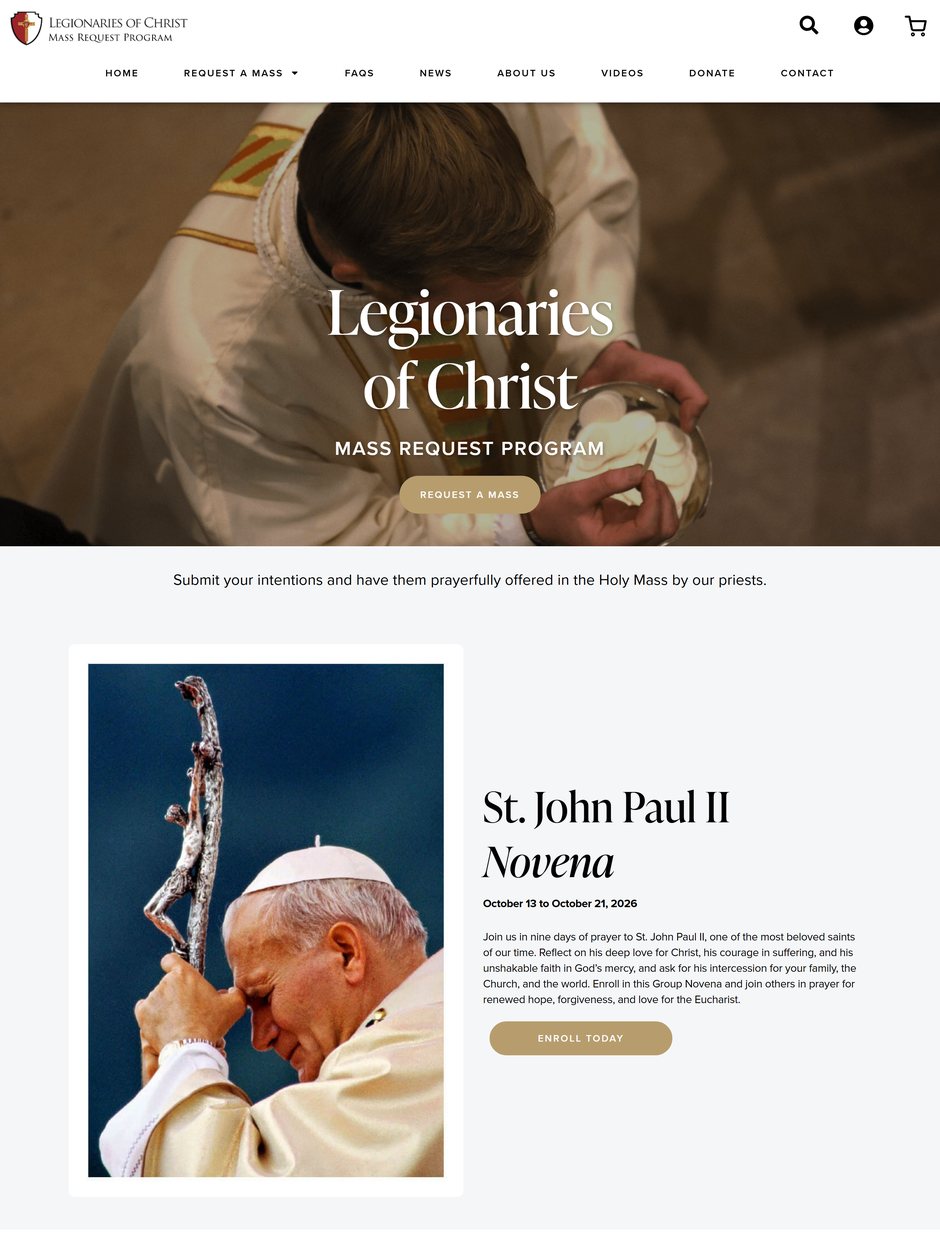 The Legionaries of Christ Mass Request Program home page on desktop: the altar hero with Request a Mass, the line “Submit your intentions and have them prayerfully offered,” and a photograph of St. John Paul II.