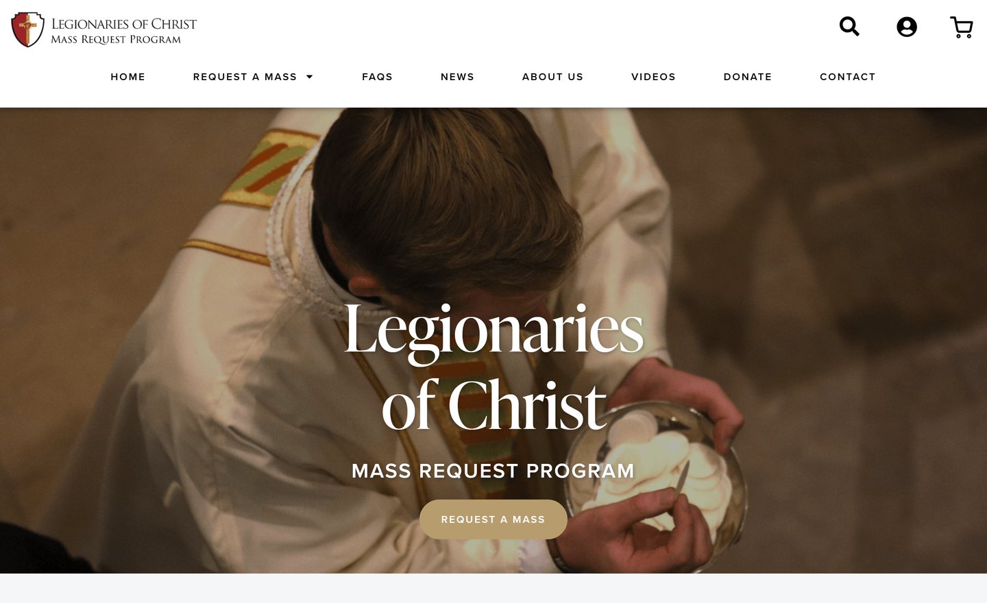 The Legionaries of Christ Mass Request Program home page Lava built: a priest at the altar under “Legionaries of Christ, Mass Request Program,” with a Request a Mass button.