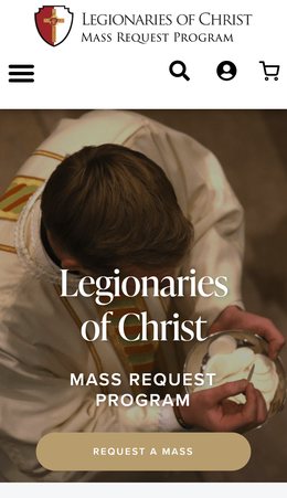 The Legionaries of Christ Mass Request Program home page on a phone: the altar hero, the program’s name, and a Request a Mass button.