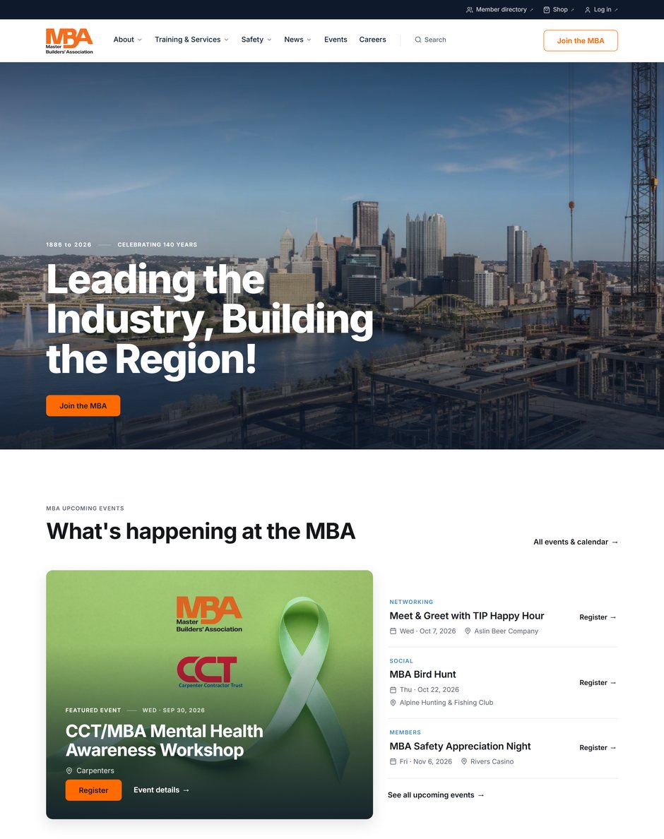 The new Master Builders’ Association home page on desktop: the Pittsburgh skyline under the headline “Leading the Industry, Building the Region!”, then the “What’s happening at the MBA” events section.