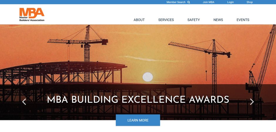 The old Master Builders’ Association home page, as the Wayback Machine archived it on March 4, 2026: the MBA logo and a thin menu over a slider photo of cranes and steel framing at sunset, captioned “MBA Building Excellence Awards,” with a Learn More button.