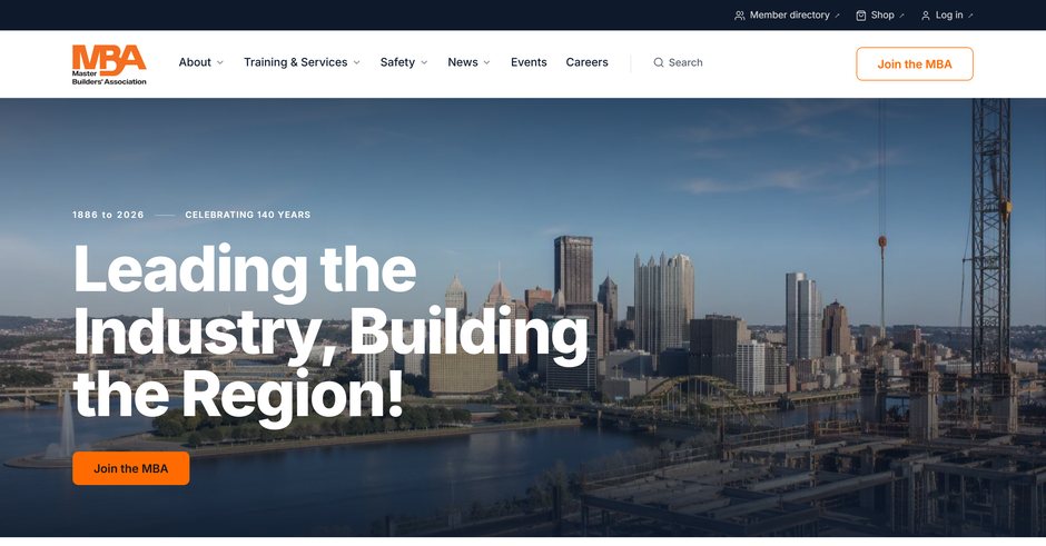 Master Builders’ Association home page: the Pittsburgh skyline under the headline “Leading the Industry, Building the Region!” and a Join the MBA button