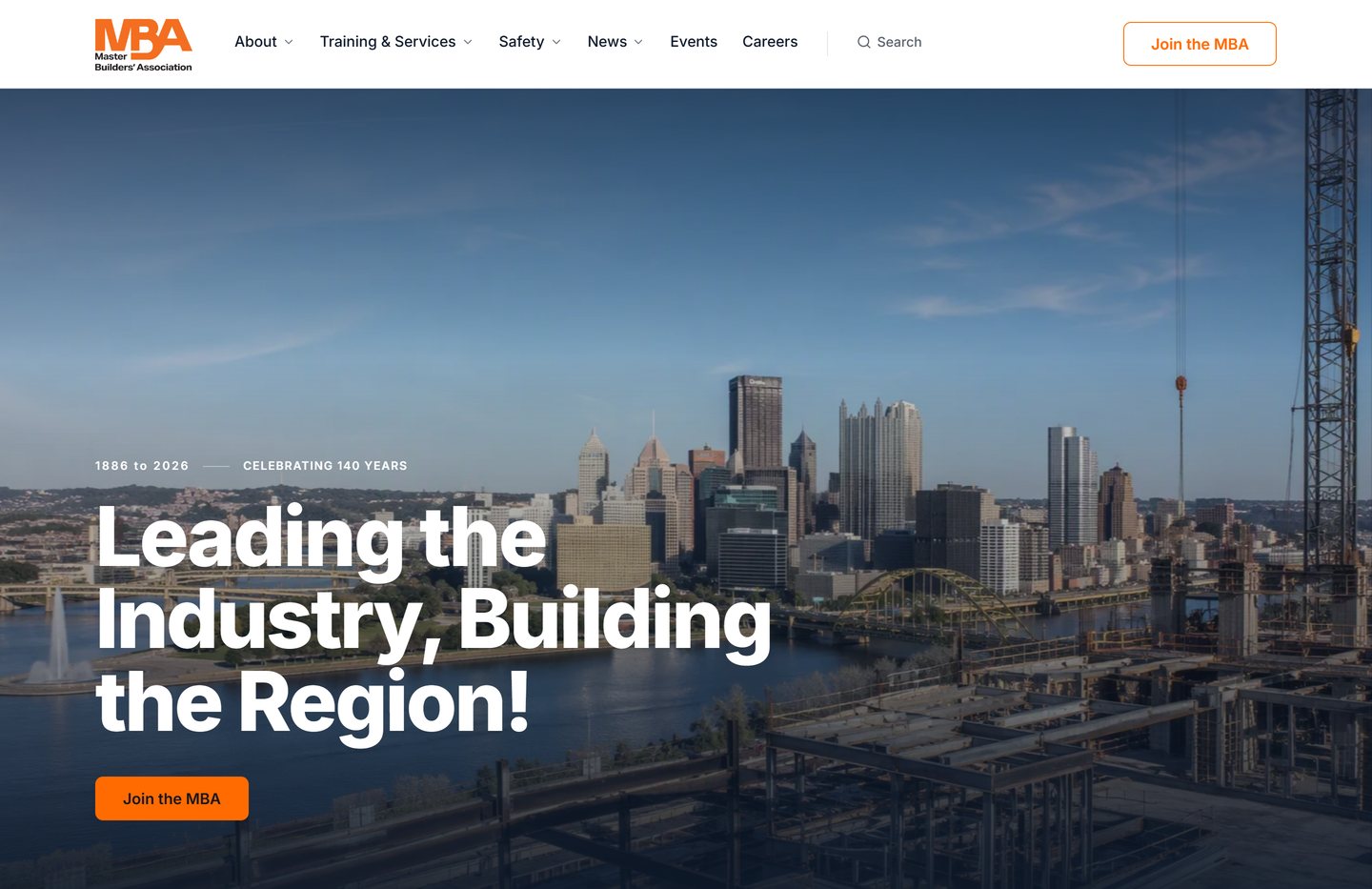 The Master Builders’ Association home page Lava built: the Pittsburgh skyline behind the headline “Leading the Industry, Building the Region!” and a Join the MBA button.