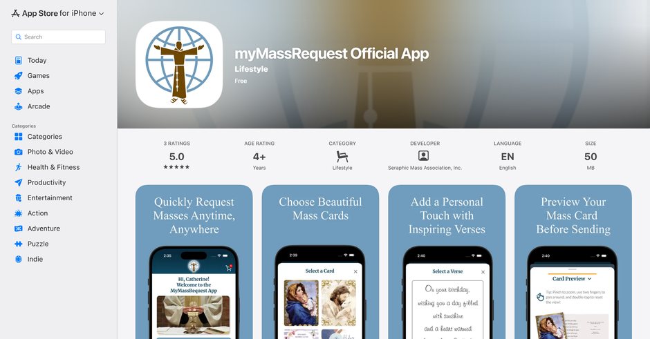 The myMassRequest Official App on the App Store: its icon and rating above screenshots of the app’s home screen, card picker and card preview