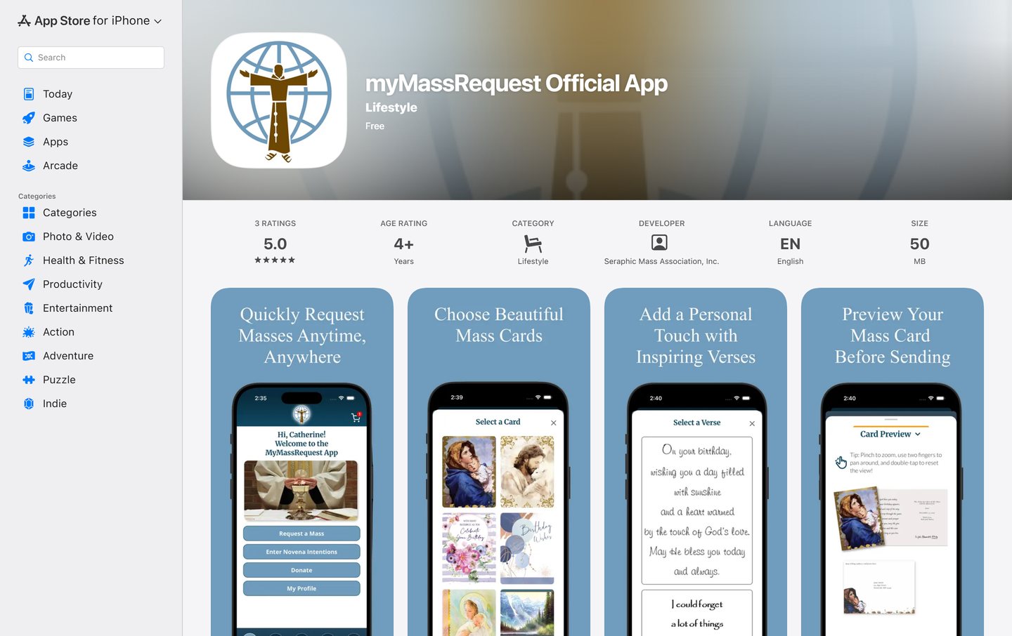 The myMassRequest Official App on the App Store: its icon, a 5.0 rating, and the listing’s screenshots of the app’s home screen, card picker, verse picker and card preview.