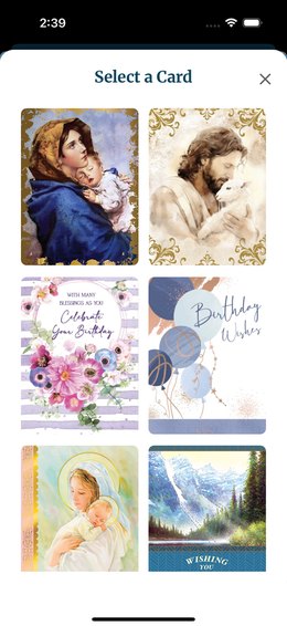 Seraphic Mass Association’s MyMassRequest app: the Select a Card screen, a grid of Mass card designs