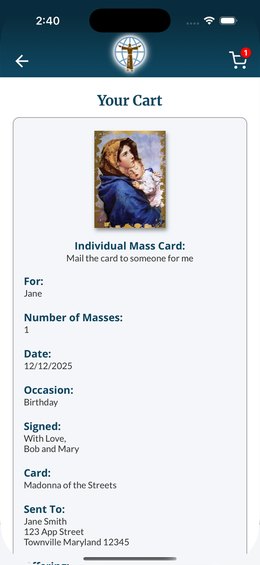 MyMassRequest app, Your Cart screen