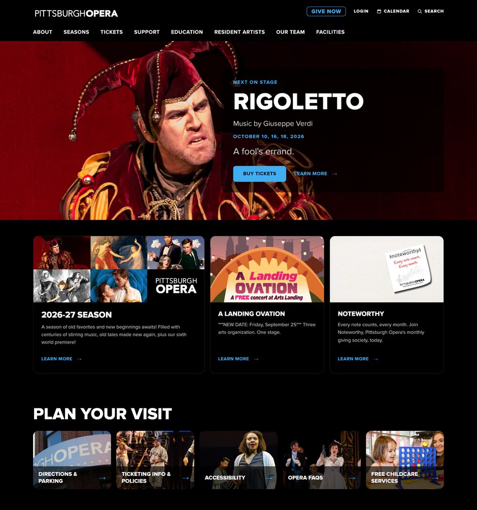 The new Pittsburgh Opera home page on desktop: the Rigoletto hero, then three cards for the 2026-27 season, A Landing Ovation and Noteworthy.