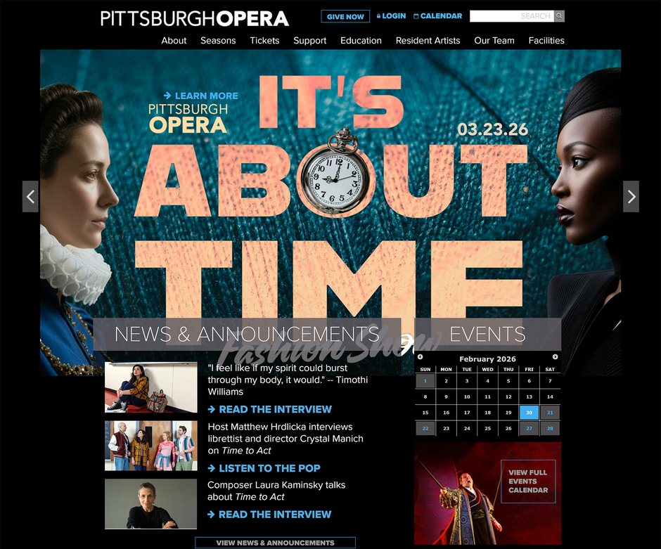 The previous Pittsburgh Opera home page, captured in February 2026: a slider promoting “It’s About Time,” then News & Announcements beside an events calendar.