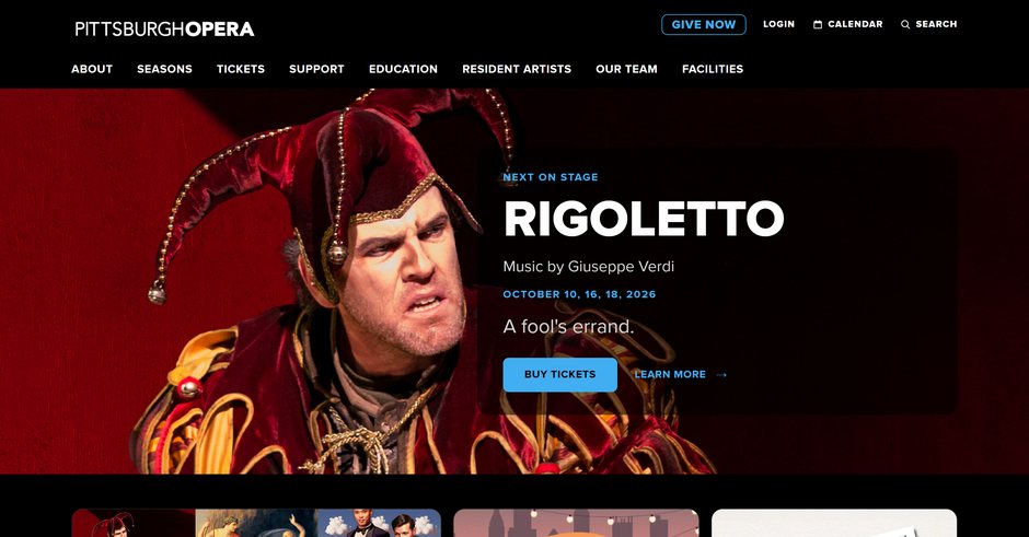 Pittsburgh Opera home page: Rigoletto’s jester under “Next on stage: Rigoletto,” with a Buy Tickets button, above the season cards
