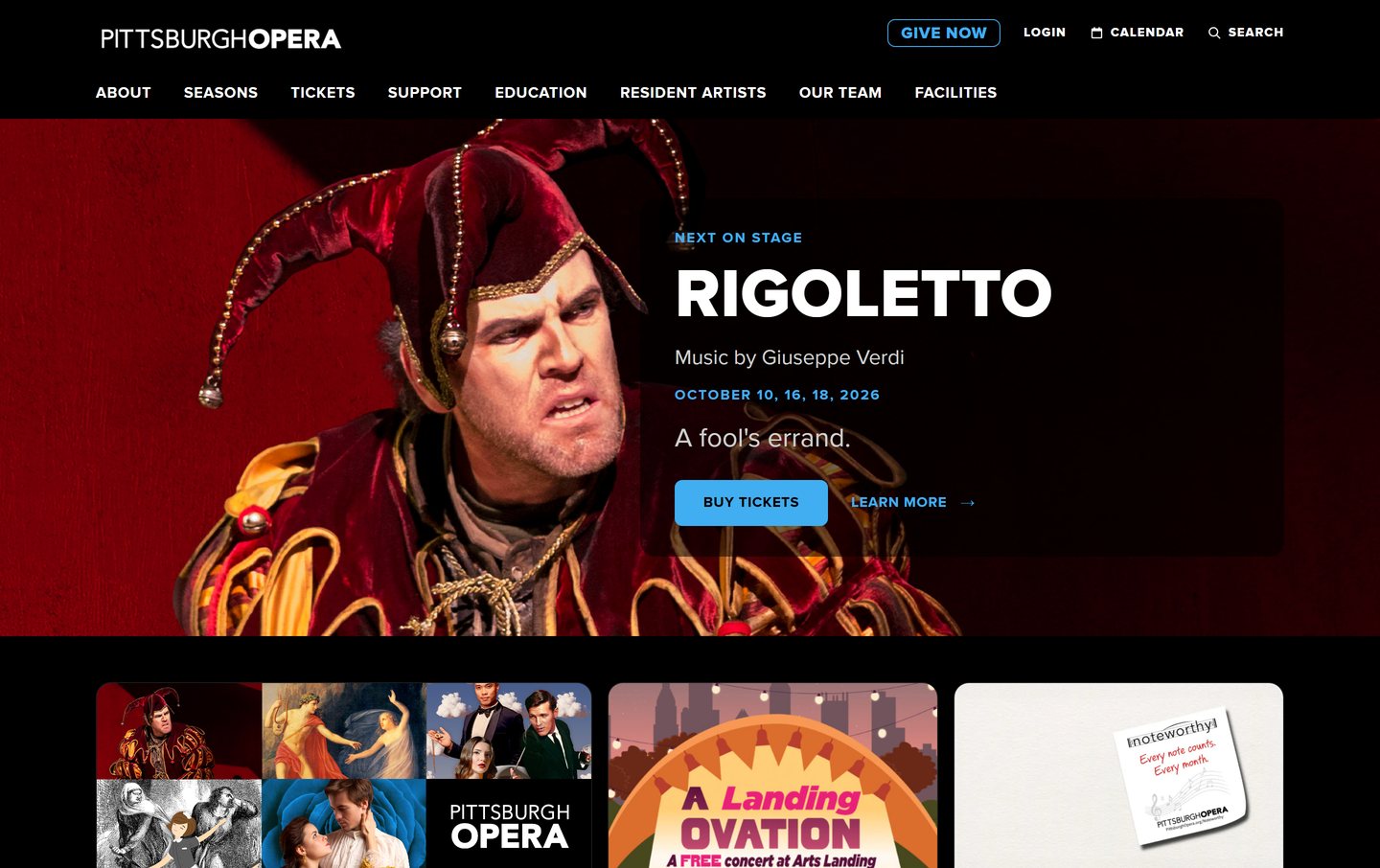 The Pittsburgh Opera home page Lava built: Rigoletto’s jester in red under “Next on stage: Rigoletto,” with Buy Tickets and Learn More, above the season cards.