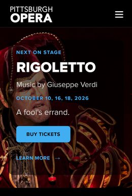The new Pittsburgh Opera home page on a phone: the Rigoletto hero with the dates and a Buy Tickets button.