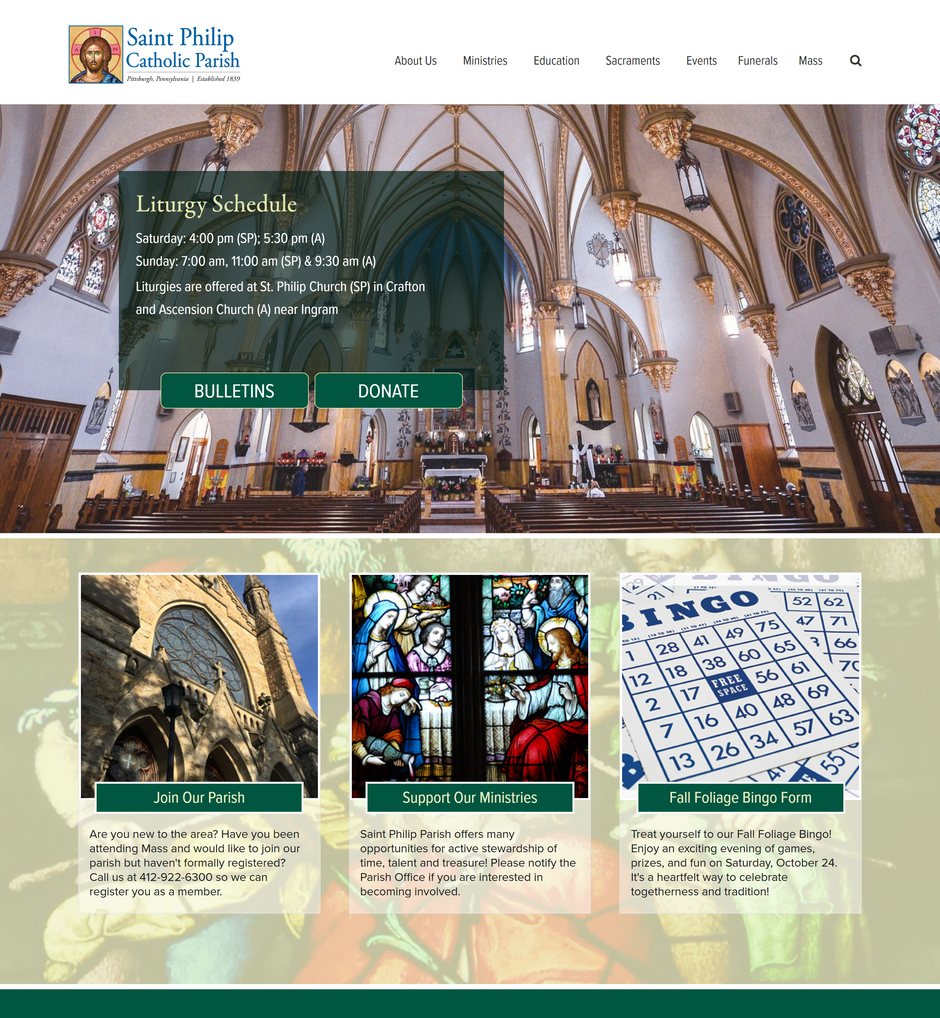 The Saint Philip Catholic Parish home page on desktop: the Liturgy Schedule over a photo of the nave, then feature cards with photos of the church, its stained glass and a bingo card.