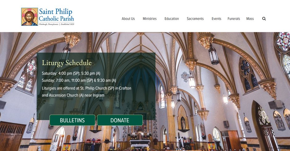 Saint Philip Catholic Parish home page: the church’s painted nave behind the Liturgy Schedule, with Bulletins and Donate buttons