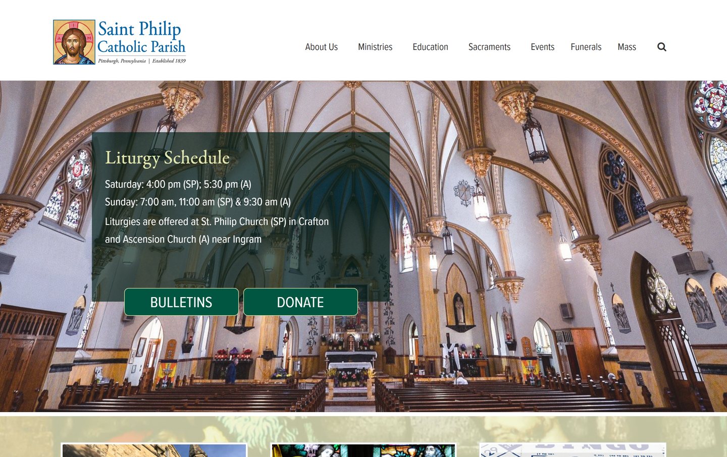 The Saint Philip Catholic Parish home page Lava built: the church’s painted nave behind the Liturgy Schedule, with Bulletins and Donate buttons, above photos of the parish’s features.