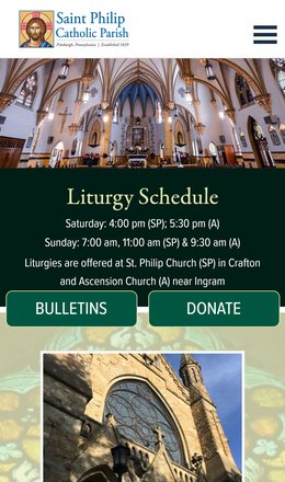 The Saint Philip Catholic Parish home page on a phone: the Liturgy Schedule with Bulletins and Donate buttons, then a photo of the church.