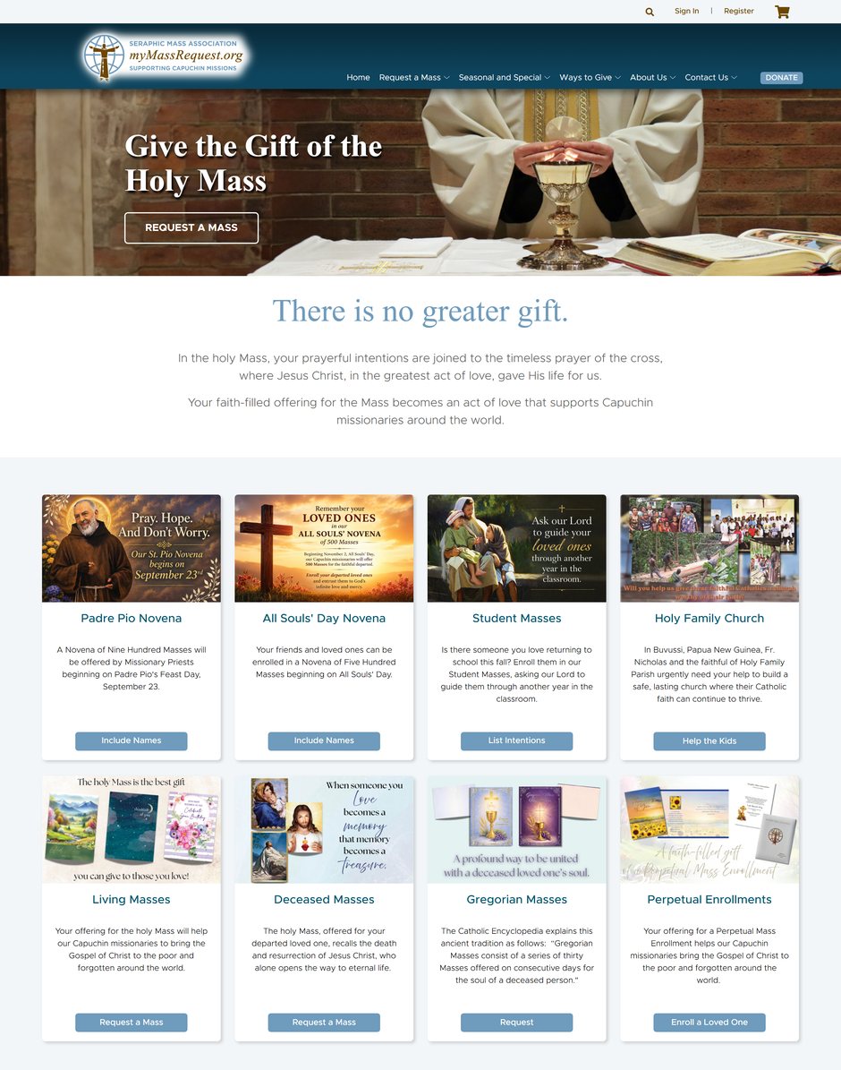 The Seraphic Mass Association home page on desktop: the chalice hero with Request a Mass, then “There is no greater gift” and the paragraphs under it.