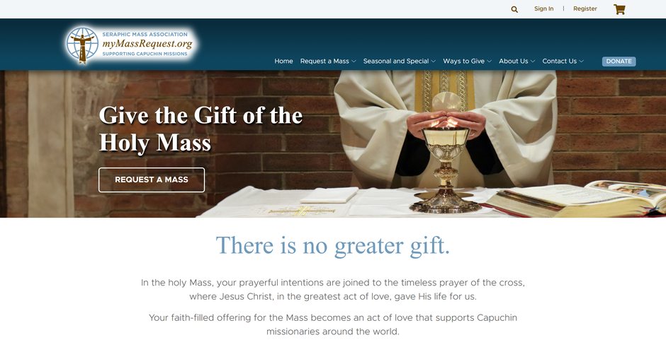Seraphic Mass Association home page: a priest raising the chalice under “Give the Gift of the Holy Mass,” then “There is no greater gift.”