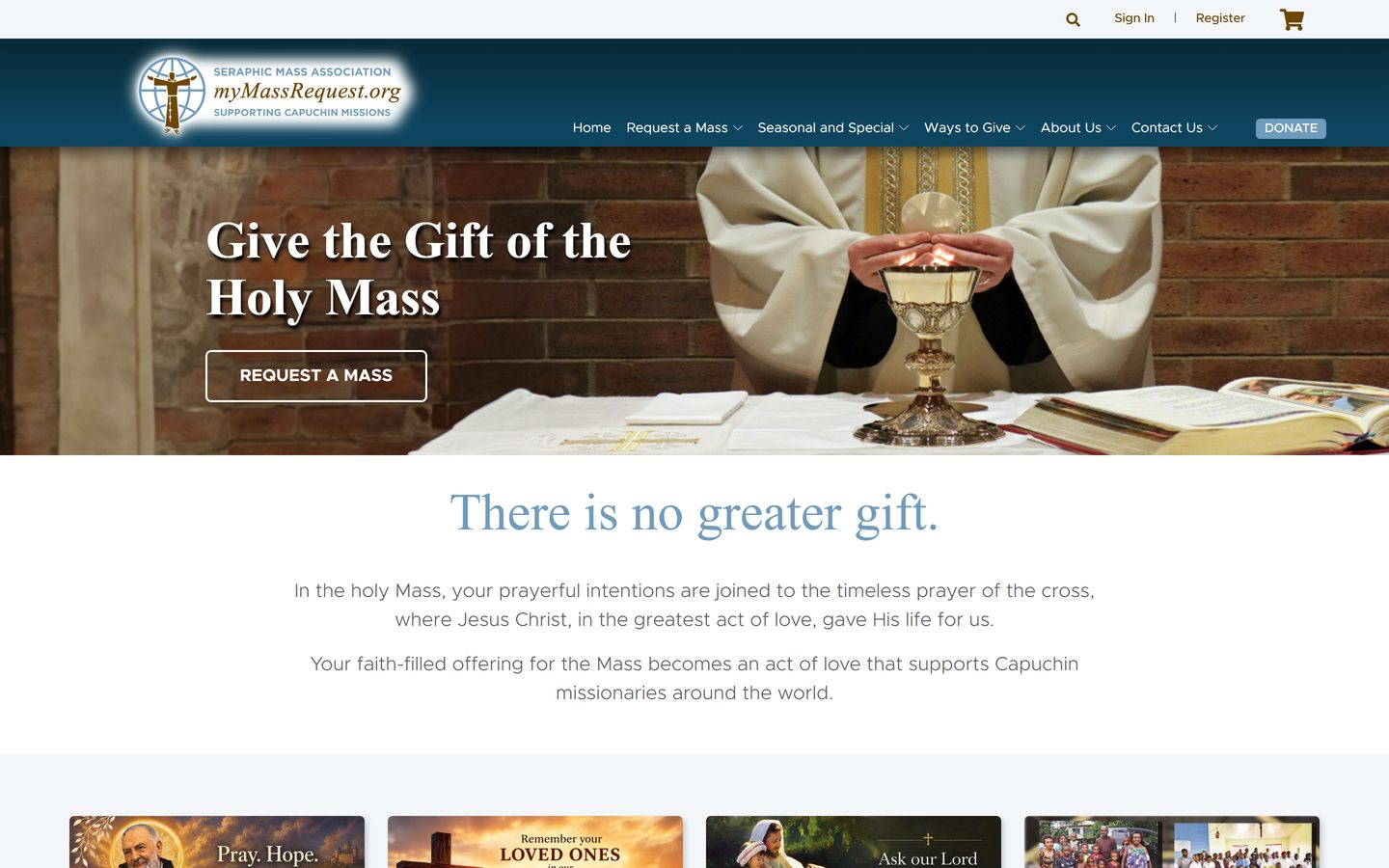 The Seraphic Mass Association home page Lava built, at mymassrequest.org: a priest raising the chalice under “Give the Gift of the Holy Mass” and a Request a Mass button, then “There is no greater gift.”