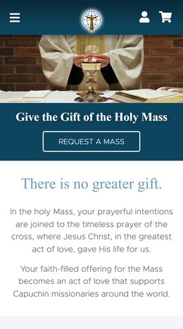 The Seraphic Mass Association home page on a phone: the chalice hero, Give the Gift of the Holy Mass, and the line “There is no greater gift.”