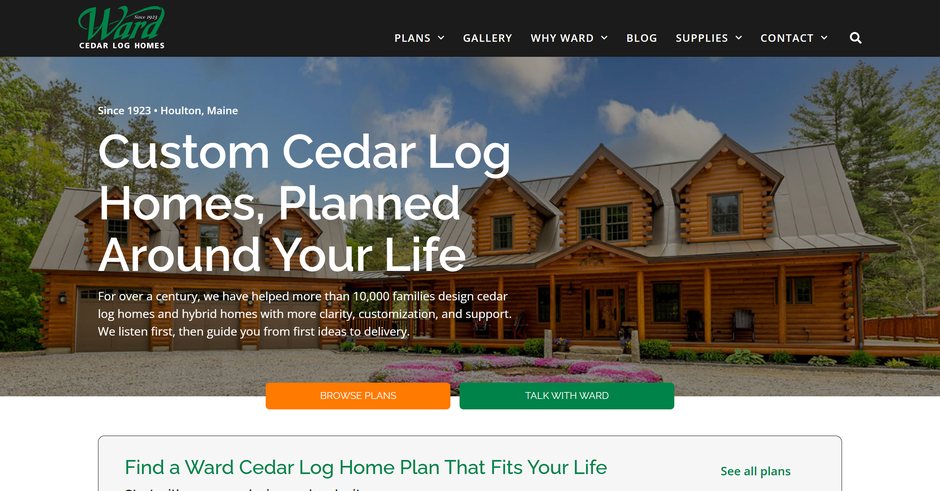 Ward Cedar Log Homes home page: a cedar log home under the headline “Custom Cedar Log Homes, Planned Around Your Life,” above the plan finder
