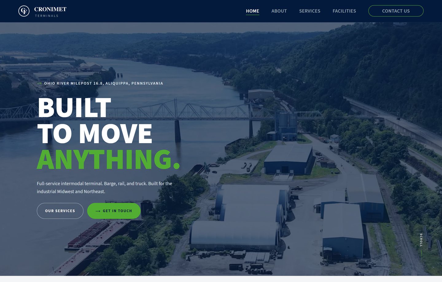 The Cronimet Terminals home page Lava built: an aerial photo of the terminal on the Ohio River under the headline “Built to move anything.”