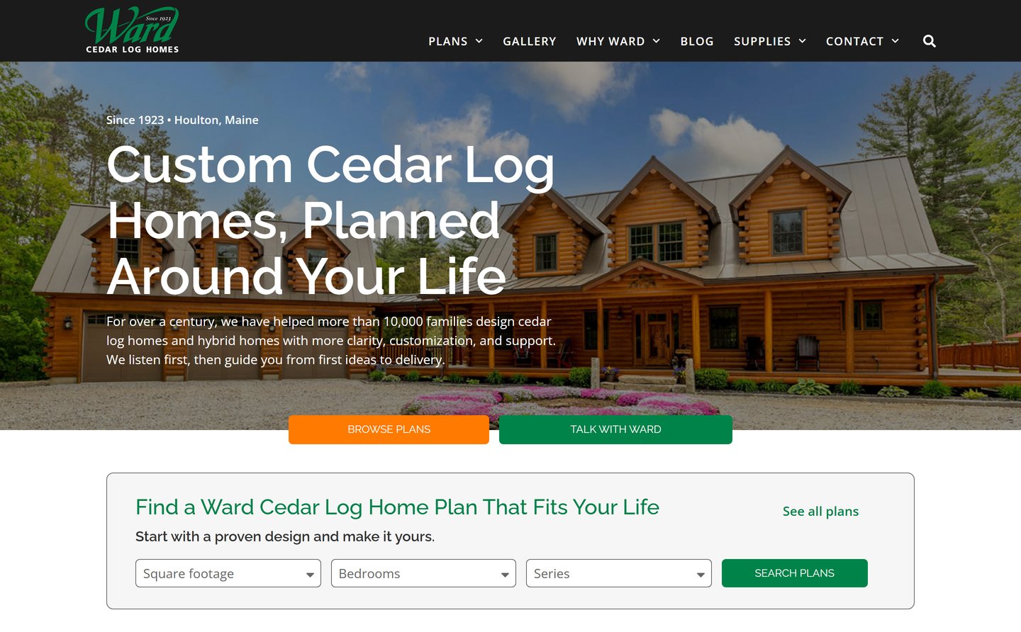 Ward Cedar Log Homes website home page, built by Lava