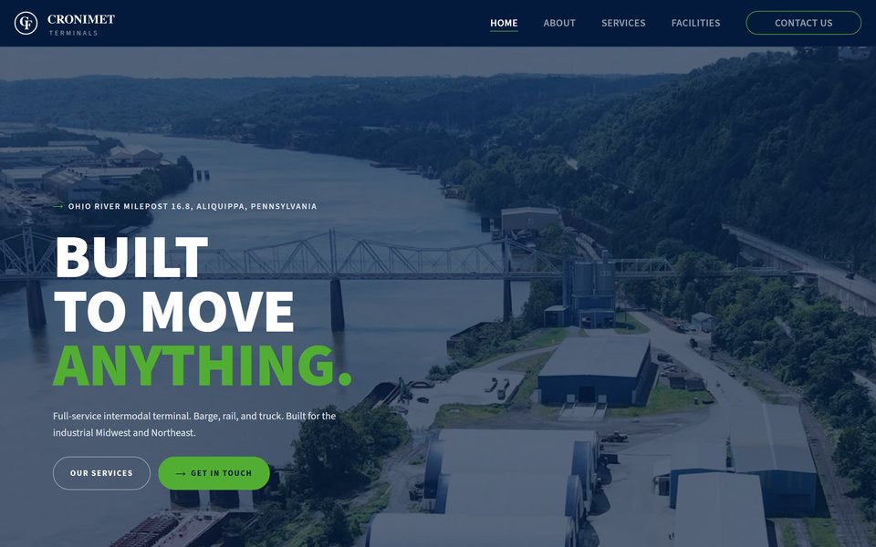 The Cronimet Terminals home page Lava built: an aerial photo of the terminal on the Ohio River under the headline “Built to move anything,” with Our Services and Get in Touch buttons.