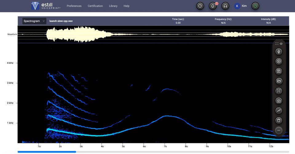 The Estill Voiceprint app on a desktop: a spectrogram of a recorded voice sample, a sung siren rising and falling over twelve seconds with its harmonics up to 4 kHz, under its waveform, with the record, play and save tools down the right edge.