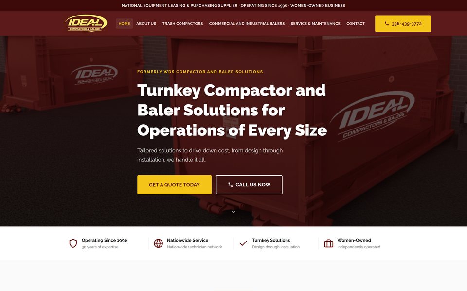 The IDEAL Compactors & Balers home page: a red compactor behind “Turnkey Compactor and Baler Solutions for Operations of Every Size,” above its four-point strip.