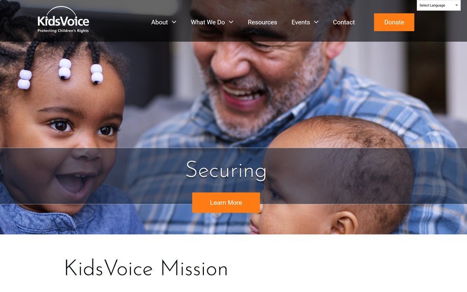 The KidsVoice home page: a smiling young girl and her grandfather under the word “Securing” and a Learn More button, above the KidsVoice Mission heading.
