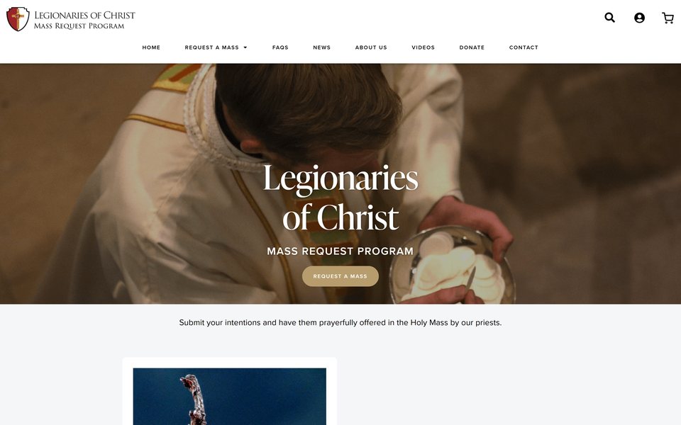 The Legionaries of Christ Mass Request Program home page: a priest at the altar under “Legionaries of Christ, Mass Request Program” and a Request a Mass button.