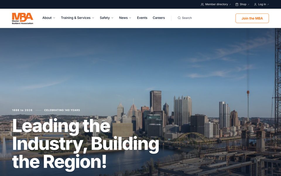 The Master Builders’ Association home page: the Pittsburgh skyline and a steel frame under construction, under “Leading the Industry, Building the Region!”