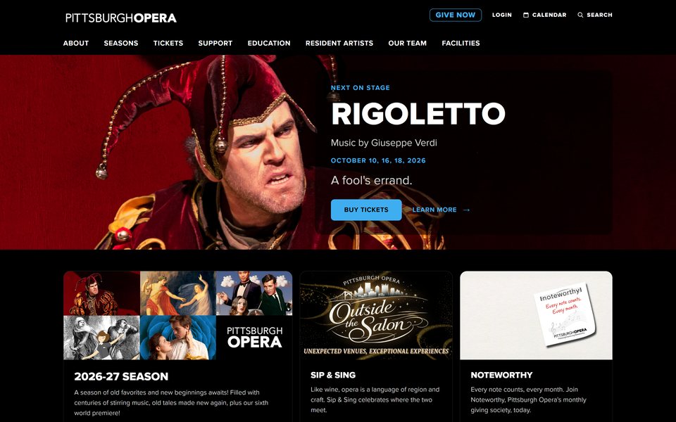 The Pittsburgh Opera home page Lava built: Rigoletto’s jester under “Next on stage: Rigoletto,” with Buy Tickets, above cards for the 2026-27 season, Sip & Sing and Noteworthy.