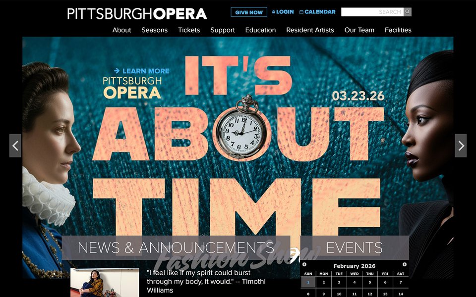 The previous Pittsburgh Opera home page, which Lava also built: an “It’s About Time” slider over News & Announcements and the February events calendar.